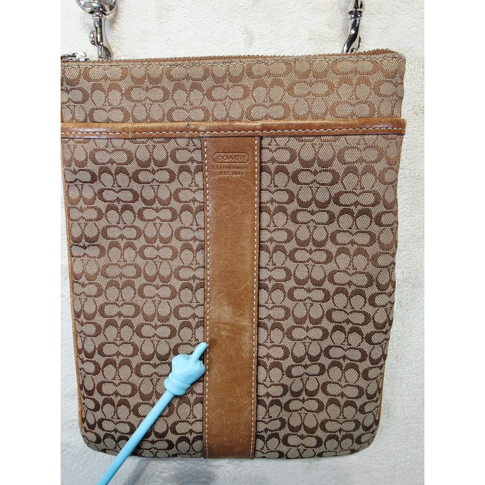 Coach Signature Jacquard Crossbody Bag Tan Leather Trim Slim Messenger Brown - Picture 6 of 12